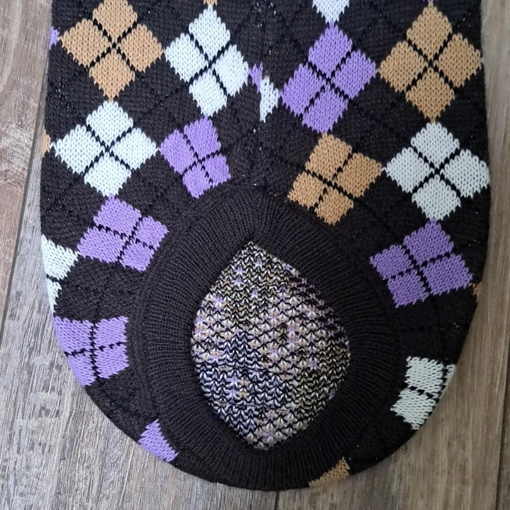 Dr Marty Knited Dog Argyle Sweater in Black, Purple, Tan & White Size Large